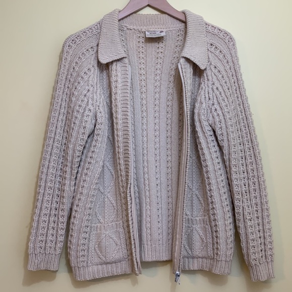 Gaeltarra | Cream New Wool Irish Fisherman Full Zip Collared Cardigan Sweater M - Picture 13 of 17